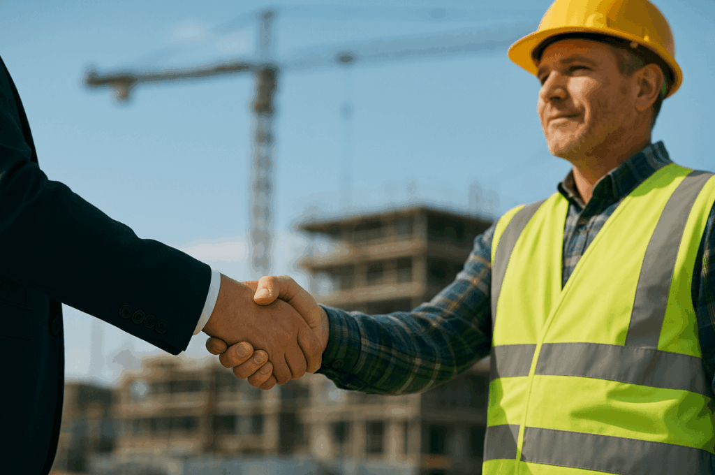 a man in a yellow hard hat shaking hands with another man in a yellow hard hat