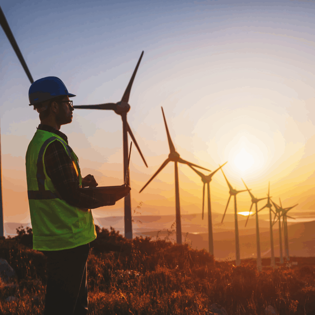 a man in a helmet and a helmet standing in front of windmills