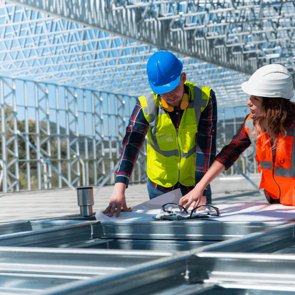 a man and woman wearing safety vests and helmets looking at a blueprint