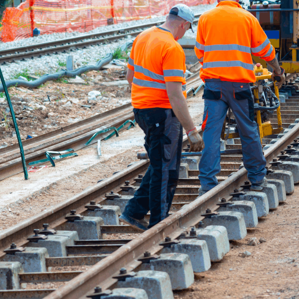 a group of men in orange reflective vests standing on train tracks
